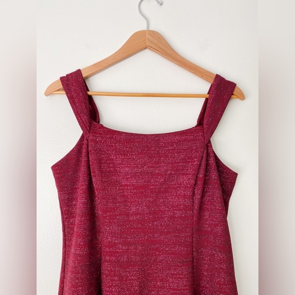 Betsy & Adam's Off-The-Shoulder Glitter Formal Wedding Prom Homecoming Red Dress - Picture 5 of 10